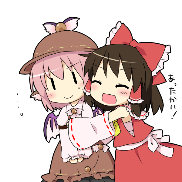 yamabuki (yusuraume), hakurei reimu, mystia lorelei, touhou, translated, >:), 2girls, ^ ^, blush, bow, brown hair, chibi, closed eyes, detached sleeves, female focus, hair bow, hat, hug, japanese clothes, miko, multiple girls, pink hair, sarashi, smile, v-shaped eyebrows