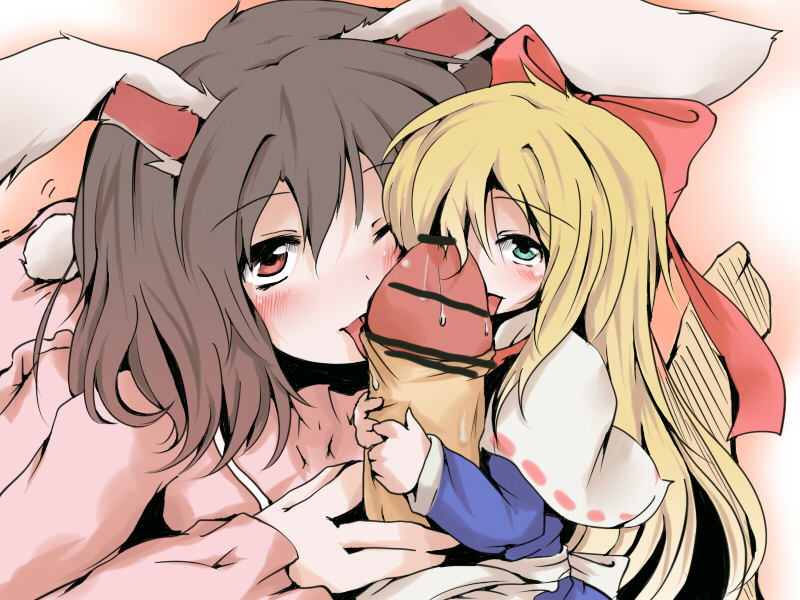 nejime, inaba tewi, shanghai doll, touhou, 1boy, 2girls, animal ears, blonde hair, blush, bow, brown hair, censored, cooperative fellatio, disembodied penis, doll, fellatio, hairband, long hair, mini person, minigirl, multiple girls, naughty face, oral, penis, penis on face, penis over one eye, rabbit ears, short hair, size difference, tail, teamwork (sexual)