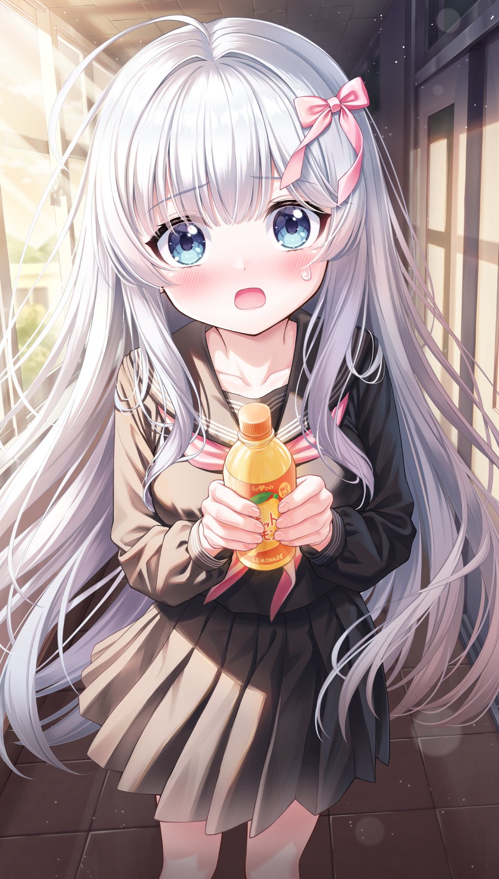 tyutaka0427, original, commentary request, highres, 1girl, ahoge, black sailor collar, black serafuku, black shirt, black skirt, blue eyes, blunt bangs, blush, bottle, bow, collarbone, day, eyes visible through hair, feet out of frame, floating hair, hair between eyes, hair bow, hair intakes, hands up, holding, holding bottle, huge ahoge, indoors, lemonade, long hair, long sleeves, looking at viewer, mashiro fuuna, miniskirt, neckerchief, open mouth, pink bow, pink neckerchief, pleated skirt, sailor collar, school, school uniform, serafuku, shirt, sidelighting, sidelocks, skirt, solo, standing, straight-on, straight hair, sweatdrop, tile floor, tiles, very long hair, white hair, window