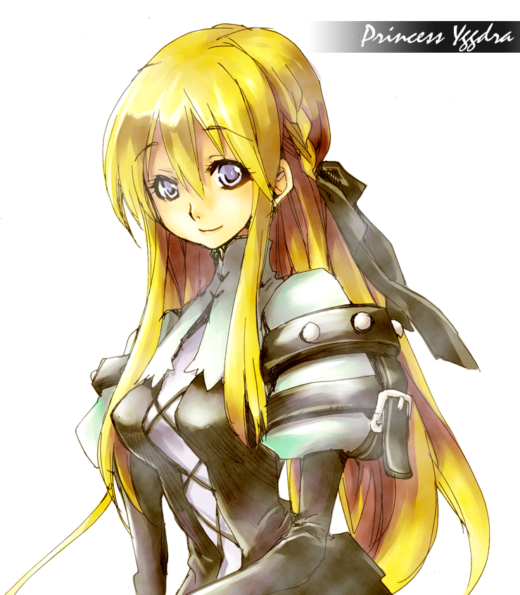 marumari shia, yggdra yuril artwaltz, yggdra union, 1girl, blonde hair, blue eyes, character name, female focus, long hair, solo, white background