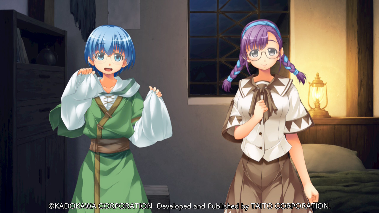 atelier-moo, cheryl christia, christpher cross, yuukyuu gensoukyoku, game cg, large variant set, non-web source, official art, variant set, 1boy, 1girl, asymmetrical bangs, bed, blue eyes, blue hair, braid, breasts, brown ribbon, brown skirt, chest of drawers, clenched hand, closed mouth, company name, copyright notice, cowboy shot, glasses, green robe, grey eyes, hair between eyes, hairband, hand on own chest, hands up, hooded robe, indoors, lamp, layered sleeves, long hair, long sleeves, looking at viewer, loose clothes, low twin braids, medium breasts, night, open mouth, oversized clothes, pillow, purple hair, ribbon, robe, sash, school uniform, shirt, short hair, short over long sleeves, short sleeves, side-by-side, skirt, sleeves past fingers, sleeves past wrists, smile, standing, tareme, twin braids, white shirt, window, yuukyuu gensoukyoku revival