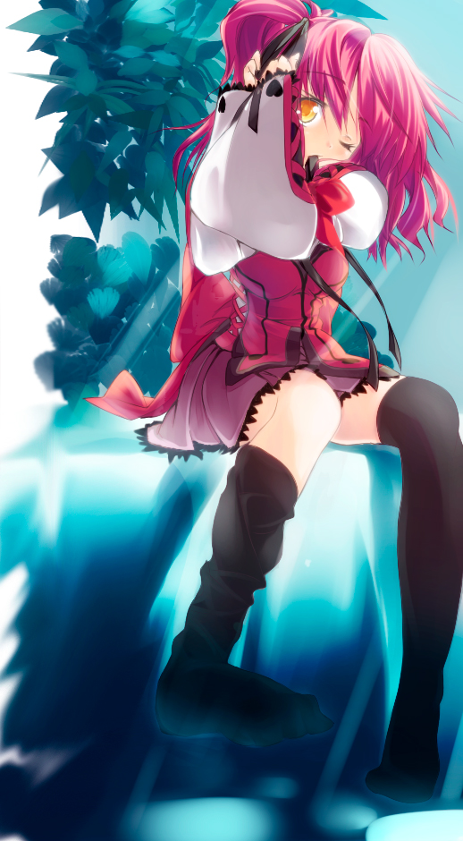 haru (arser doil), cheria barnes, tales of (series), tales of graces, 1girl, adjusting hair, female focus, loose thighhigh, mouth hold, one eye closed, one side up, pink hair, purple skirt, ribbon, ribbon in mouth, skirt, solo, thighhighs, wink, yellow eyes