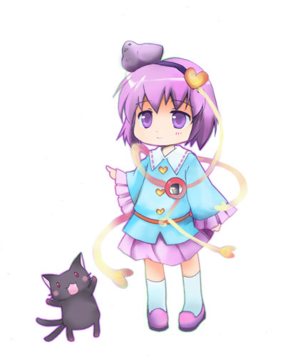 chibitan, kaenbyou rin, kaenbyou rin (cat), komeiji satori, reiuji utsuho, reiuji utsuho (bird), touhou, lowres, 1girl, aged down, animal, animal on head, bird, bird on head, cat, chibi, female focus, hairband, heart, on head, pink eyes, pink hair