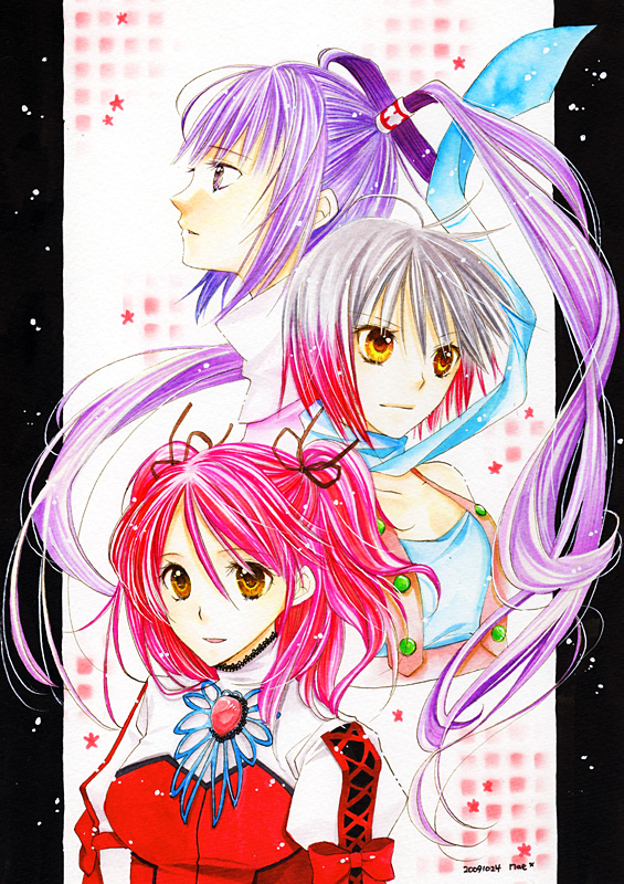 kanae (aab), cheria barnes, pascal (tales), sophie (tales), tales of (series), tales of graces, bad id, bad pixiv id, 00s, 2009, 3girls, dated, long hair, multicolored hair, multiple girls, pink hair, purple hair, scarf, twintails, two-tone hair, two side up, white hair, yellow eyes