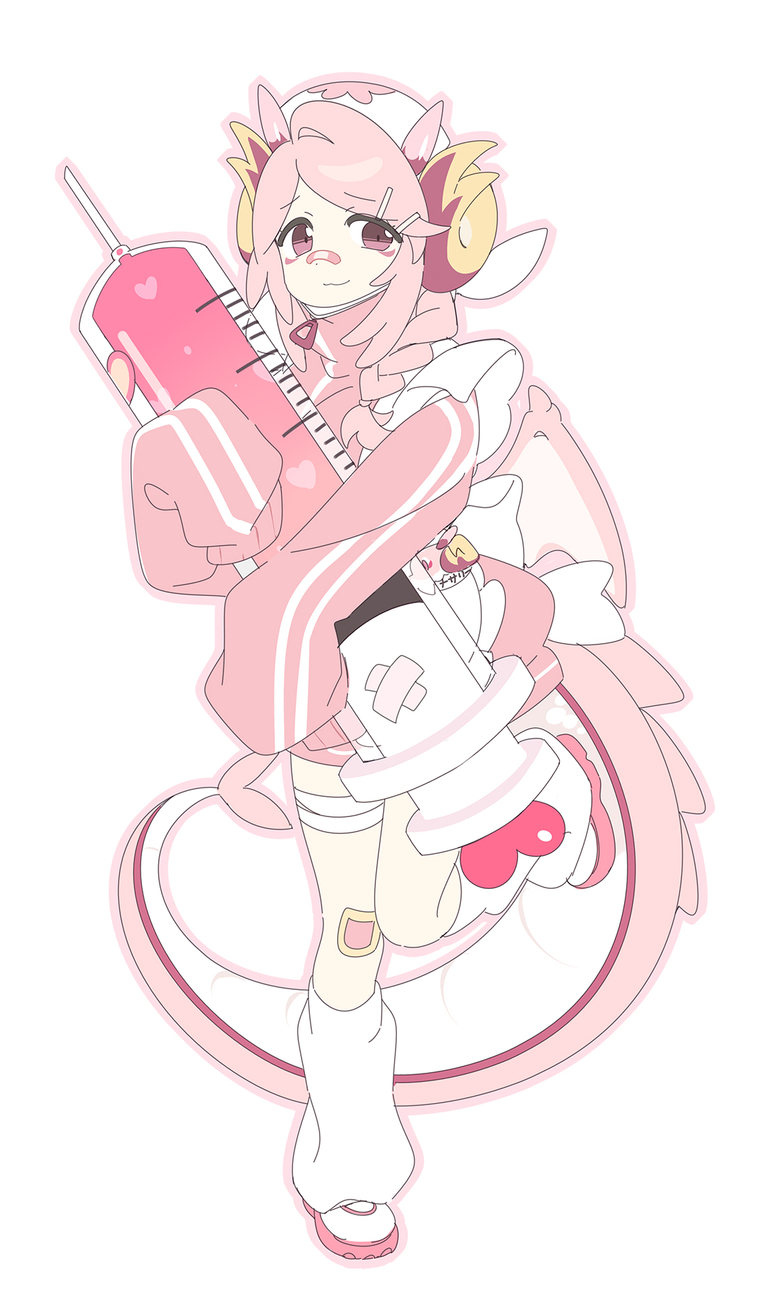 3 ma me, nurse dragonmaid, yu-gi-oh!, highres, 1girl, alternate costume, apron, bandage on leg, bandaid, bandaid on leg, bow, braid, dragon girl, dragon horns, dragon tail, dragon wings, duel monster, frilled apron, frills, full body, hat, holding, horns, jacket, jersey maid, large syringe, leg up, leg warmers, light smile, long hair, long sleeves, looking at viewer, maid, maid apron, nurse, nurse cap, oversized object, pink eyes, pink hair, pink horns, pink jacket, simple background, sleeves past fingers, sleeves past wrists, smile, standing, standing on one leg, syringe, tail, track jacket, track suit, turtleneck, turtleneck jacket, unconventional maid, v-shaped eyebrows, waist apron, white apron, white background, white bow, white leg warmers, wings, yellow eyes, zipper pull tab