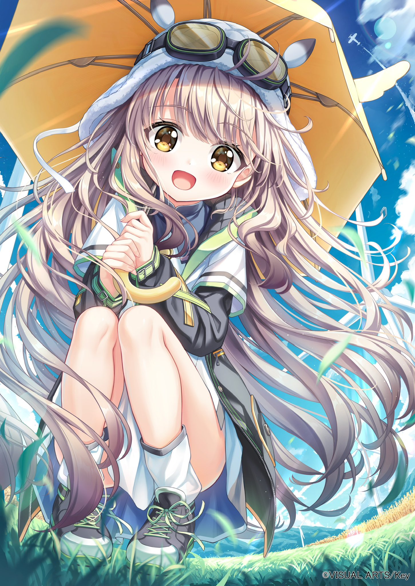 tyutaka0427, commentary request, highres, 1girl, :d, anemoi, black jacket, black shoes, blue sky, blush, brown hair, cloud, contrail, copyright notice, cross-laced shoes, day, dress, floating hair, full body, fusaba aino, goggles, goggles on head, grass, hair between eyes, hands up, happy, holding, holding umbrella, jacket, long hair, long sleeves, looking at viewer, on grass, open clothes, open jacket, open mouth, outdoors, shoes, short dress, sky, smile, sneakers, socks, solo, squatting, tareme, umbrella, under umbrella, very long hair, white dress, white socks, wind, yellow eyes, yellow umbrella