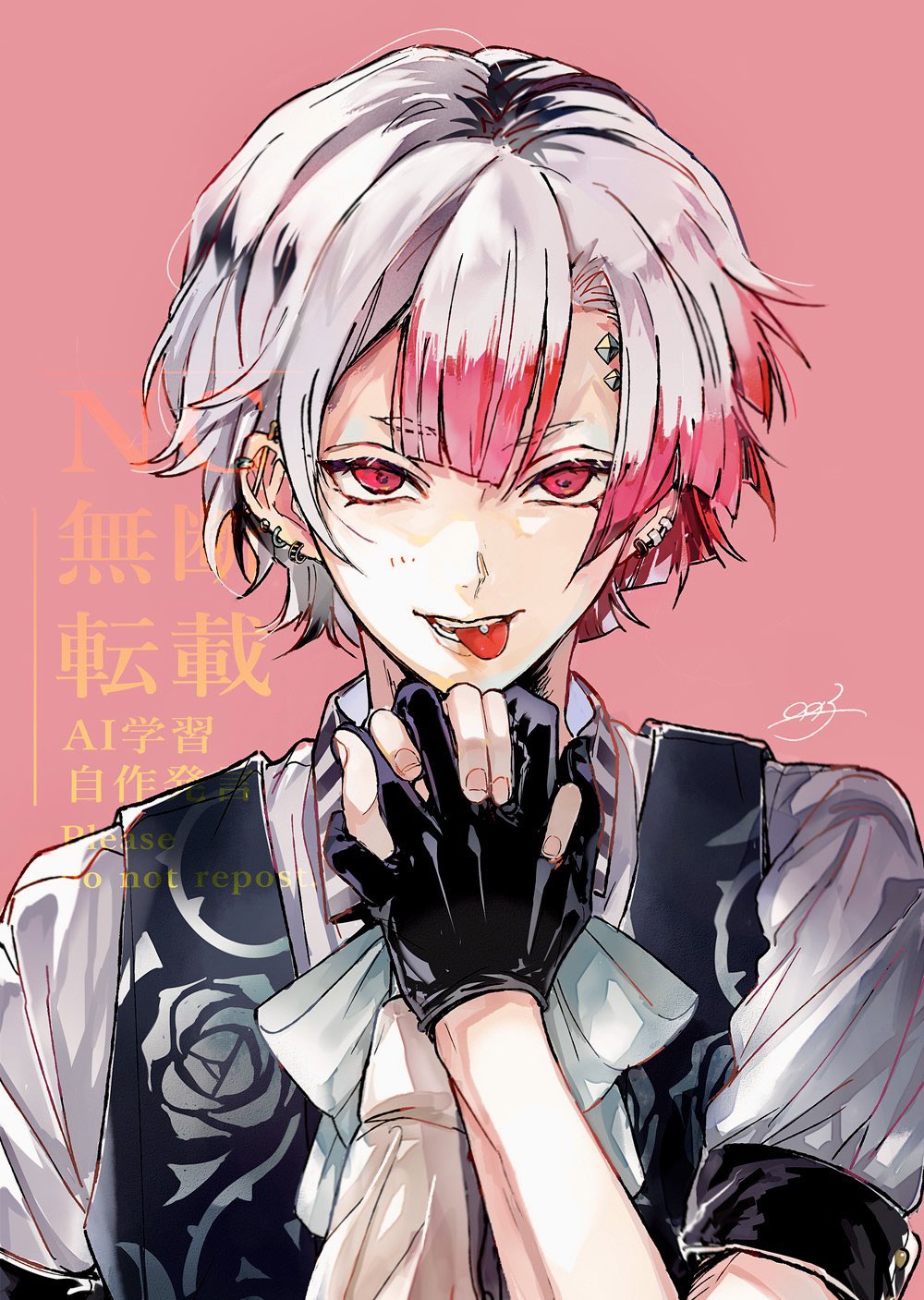 akuma shitsuji to kuroi neko, commentary request, highres, revision, 1boy, 1girl, ammon lead, barbell piercing, black gloves, black vest, blunt bangs, bow, bowtie, center-flap bangs, collared shirt, double-parted bangs, ear piercing, earrings, empty eyes, female pov, floral print, gloves, holding hands, hoop earrings, industrial piercing, interlocked fingers, jewelry, light blush, long sleeves, looking at viewer, male focus, master (akuma shitsuji to kuroi neko), multicolored hair, multiple piercings, nonoko (meg36544), piercing, pink background, pink hair, pov, pov hands, print vest, rose print, sanpaku, shirt, short eyebrows, short hair, short sleeves, signature, straight-on, tongue, tongue out, tongue piercing, two-tone hair, upper body, vest, waistcoat, watermark, white bow, white bowtie, white hair, white shirt