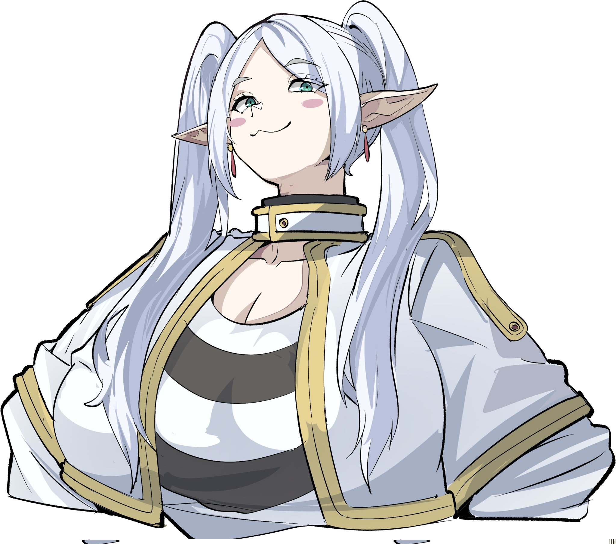 julioalqae, frieren, sousou no frieren, 1girl, :3, alternate breast size (larger), blush, breasts, cleavage, elf, female focus, green eyes, huge breasts, long hair, looking at viewer, pale skin, pointy ears, solo, twintails, white background, white hair