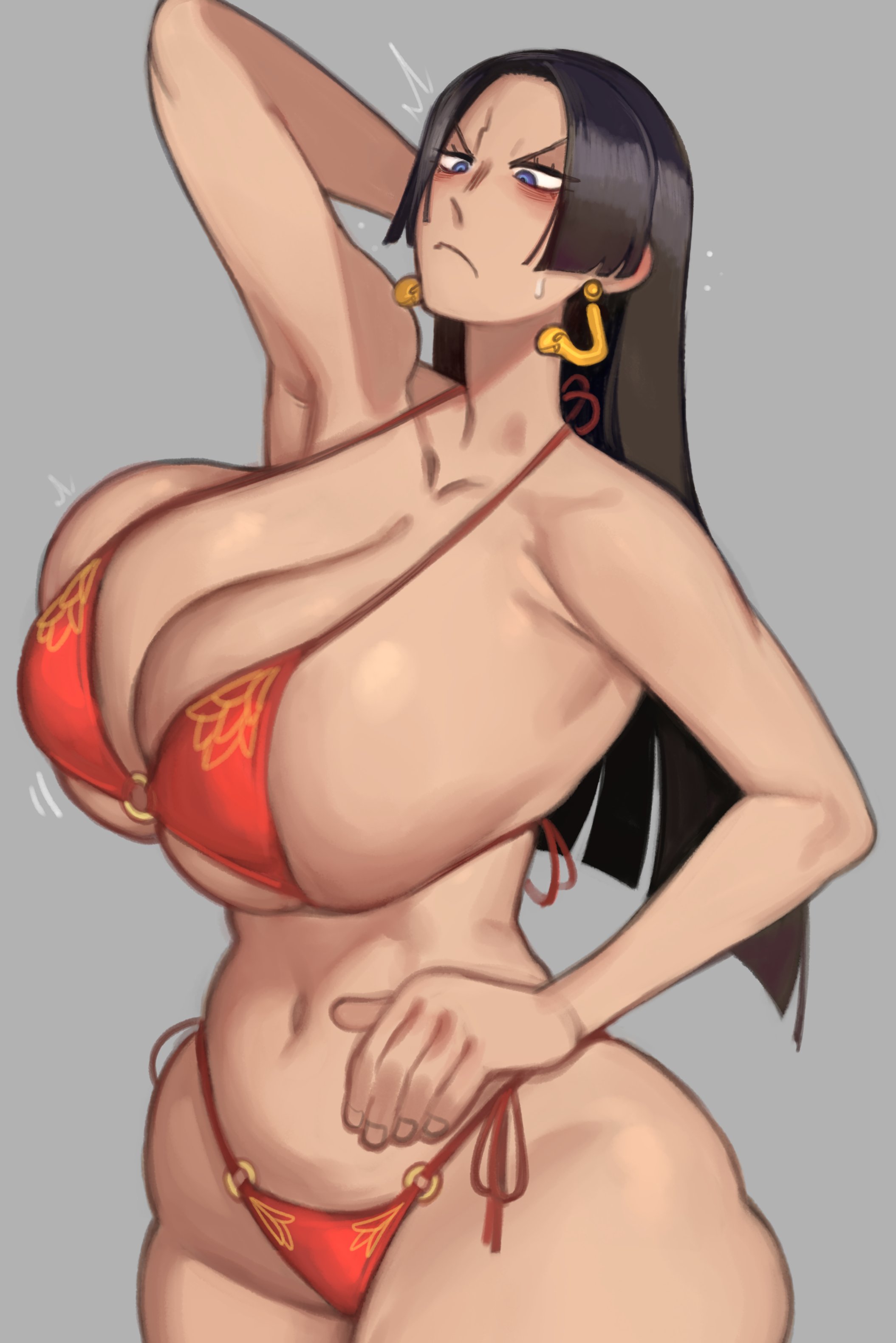 kelvin hiu, boa hancock, one piece, absurdres, highres, 1girl, annoyed, arm up, armpit crease, armpits, bikini, black hair, blue eyes, breasts, collarbone, curvy, earrings, grey background, hand on own hip, highleg, highleg bikini, huge breasts, jewelry, long hair, mature female, navel, o-ring, o-ring bikini, parted bangs, red bikini, snake earrings, string bikini, swimsuit, wide hips