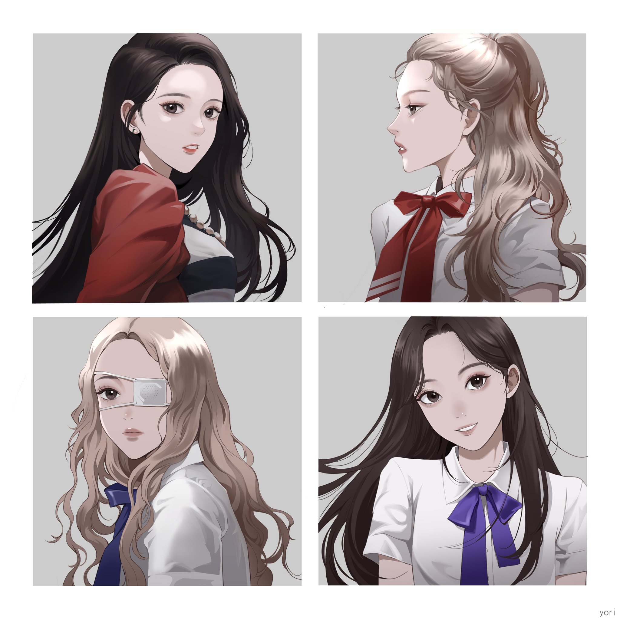 yori (yooo ri), choerry, heejin (loona), jinsoul, kim lip, loona (group), real life, commentary, commentary request, highres, korean commentary, 4girls, blonde hair, eyeliner, eyepatch, eyeshadow, hair behind ear, half updo, k-pop, long hair, makeup, mascara, multiple girls, neck ribbon, parted lips, ribbon, shirt, smile, white shirt