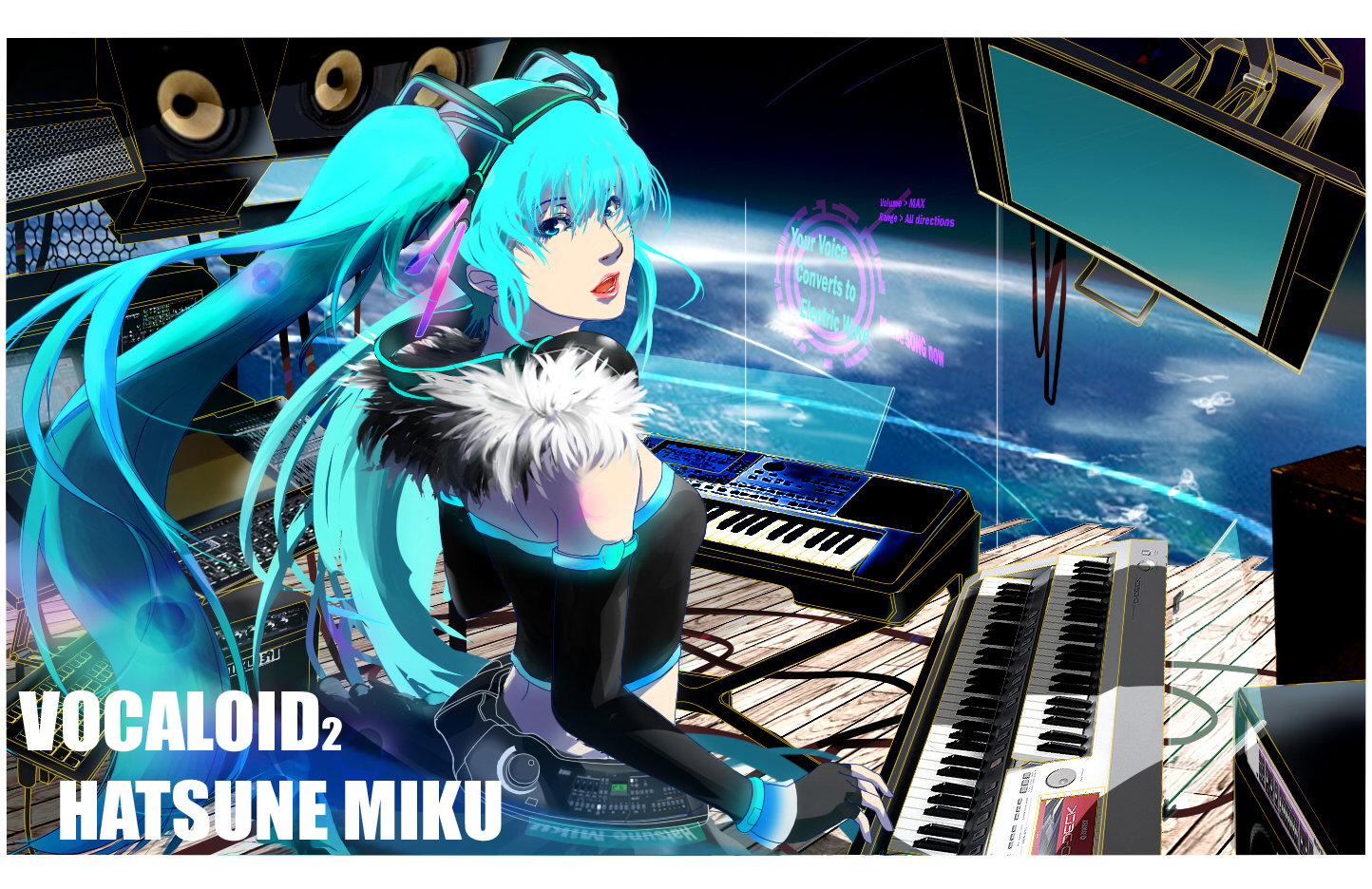 glider (bon), glider (piapro), hatsune miku, vocaloid, 1girl, aircraft, aqua eyes, aqua hair, detached sleeves, female focus, fingerless gloves, floating hair, glider, gloves, instrument, keyboard, keyboard (instrument), lips, long hair, open mouth, smile, solo, space, spacecraft, speaker, strapless, tube top, twintails, very long hair