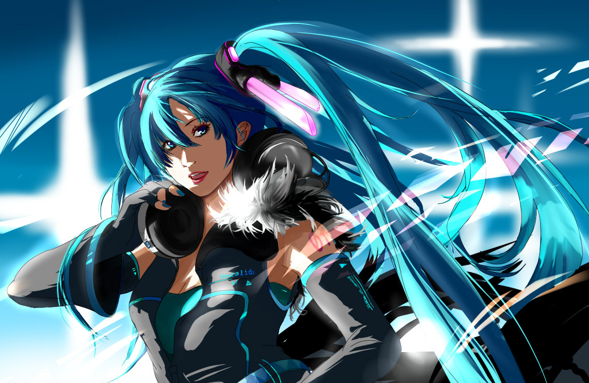 glider (bon), glider (piapro), hatsune miku, vocaloid, 1girl, aircraft, aqua eyes, aqua hair, detached sleeves, female focus, glider, headphones, hood, hoodie, lips, lipstick, long hair, makeup, open mouth, smile, solo, twintails, very long hair
