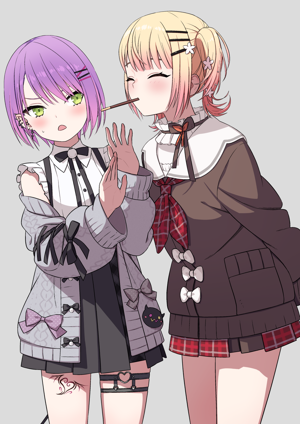 rainna, momosuzu nene, momosuzu nene (casual), tokoyami towa, tokoyami towa (jirai kei), hololive, commentary request, highres, 2girls, black skirt, blonde hair, blunt bangs, blush, bow, bowtie, brown bow, brown bowtie, brown cardigan, cardigan, closed eyes, collar, cowboy shot, facing another, flower, food, food in mouth, frilled collar, frilled shirt, frills, gradient hair, green eyes, grey background, grey cardigan, hair flower, hair ornament, hairclip, half-skirt, heart, heart o-ring, jirai kei, leg tattoo, looking to the side, miniskirt, multicolored hair, multiple girls, neckerchief, o-ring, o-ring thigh strap, off shoulder, official alternate costume, official alternate hairstyle, open cardigan, open clothes, pink hair, plaid clothes, plaid skirt, pleated skirt, pocky, pocky in mouth, purple hair, red neckerchief, red skirt, sailor collar, shirt, short hair, short twintails, sidelocks, simple background, skirt, small sweatdrop, standing, suspender skirt, suspenders, swept bangs, tail, tail ornament, tattoo, thigh strap, twintails, virtual youtuber, white sailor collar, white shirt
