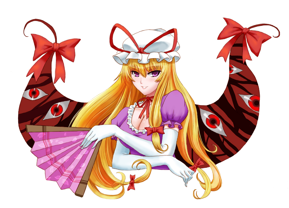 windtalker, yakumo yukari, touhou, bad id, bad pixiv id, 1girl, blonde hair, elbow gloves, female focus, folding fan, gap (touhou), gloves, hand fan, hat, long hair, purple eyes, solo, white gloves