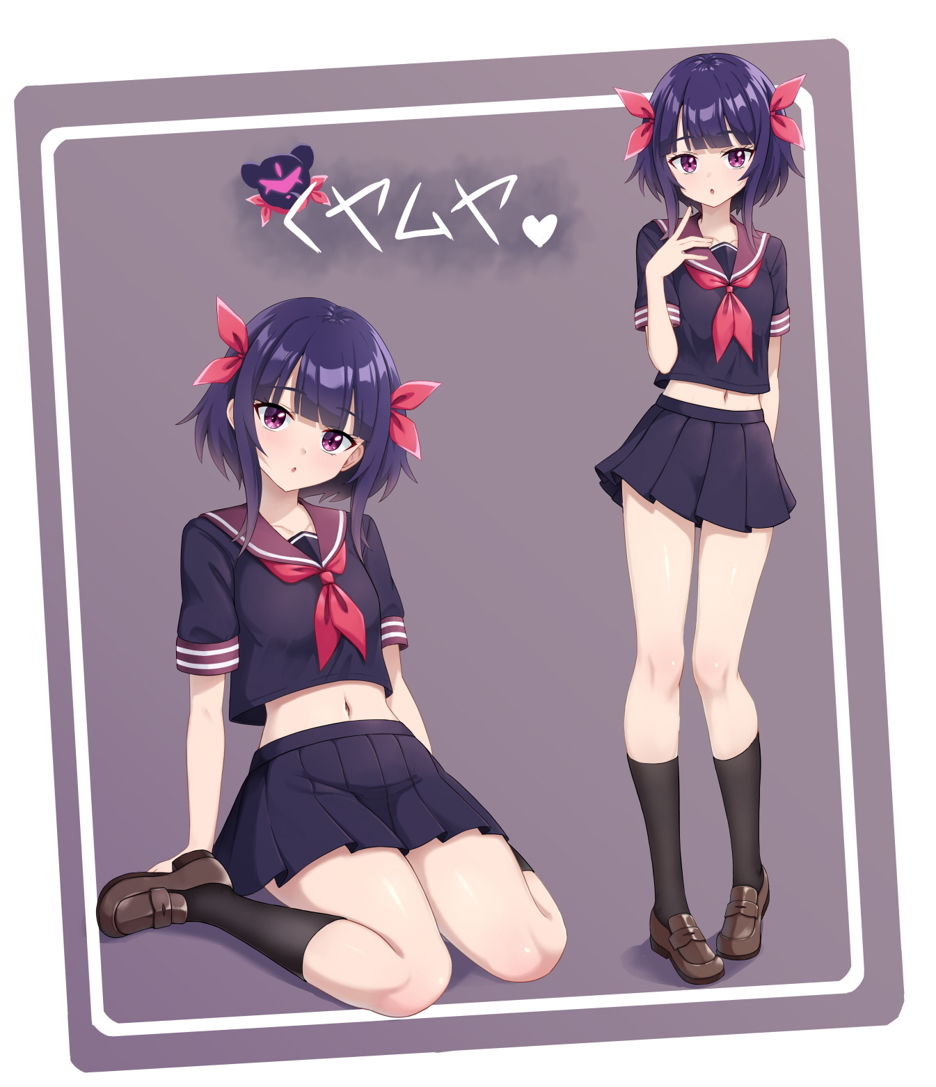 alcmls1230, yu-gi-oh!, yu-gi-oh! go rush!!, character request, commentary request, highres, 1girl, black socks, blush, breasts, brown shoes, eyebrows hidden by hair, full body, hair ribbon, loafers, looking at viewer, medium breasts, midriff, miniskirt, multiple views, navel, open mouth, pointing, pointing up, purple eyes, purple hair, purple serafuku, purple skirt, red ribbon, ribbon, school uniform, serafuku, shoes, short hair, sitting, skirt, socks, wariza