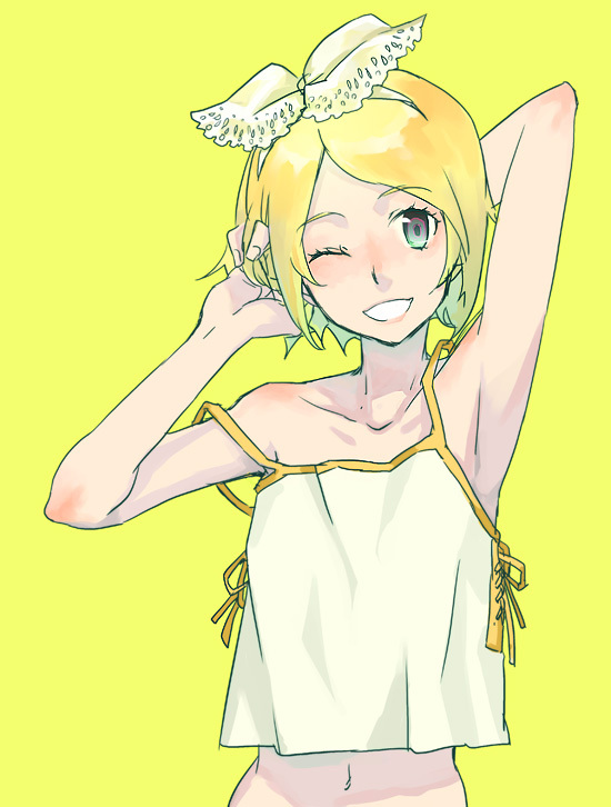 mentsuyu, kagamine rin, vocaloid, bad id, bad piapro id, 1girl, aqua eyes, armpits, arms behind head, arms up, blonde hair, camisole, female focus, hair ribbon, midriff, one eye closed, ribbon, simple background, smile, solo, wink