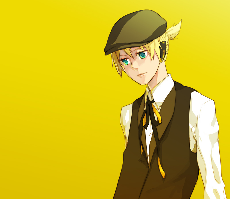 mentsuyu, kagamine len, skeleton life (vocaloid), vocaloid, bad id, bad piapro id, 1boy, aqua eyes, blonde hair, formal clothes, hat, headphones, male focus, simple background, solo, suit