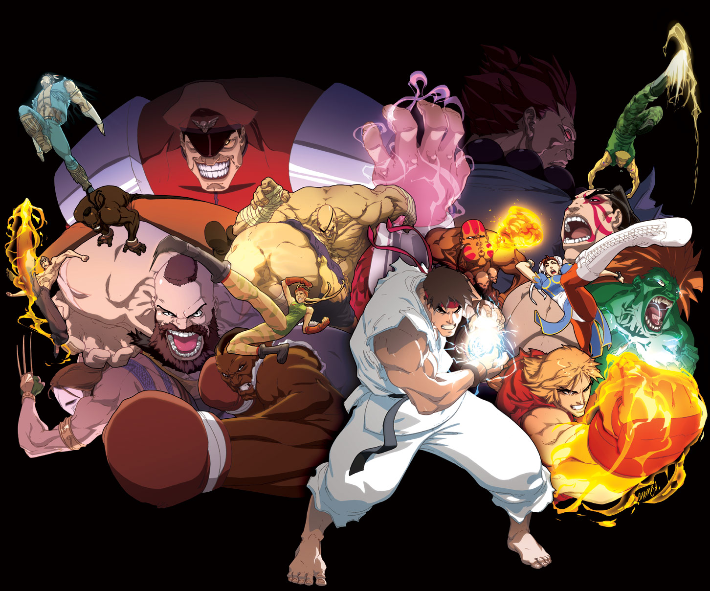 chamba, akuma (street fighter), balrog (street fighter), blanka, cammy white, chun-li, dee jay, dhalsim, e. honda, fei long, guile, ken masters, m. bison, ryu (street fighter), sagat, thunder hawk, vega (street fighter), zangief, capcom, street fighter, street fighter ii (series), highres, 1990s (style), 2girls, 6+boys, angry, bald, bare shoulders, barefoot, black background, black hair, blonde hair, boots, breasts, brown hair, energy ball, everyone, hadouken, headband, jewelry, kicking, large breasts, long hair, male focus, mexico, multiple boys, multiple girls, muscular, native american, necklace, open mouth, pantyhose, retro artstyle, short hair, shouryuuken, simple background, skull necklace, uppercut