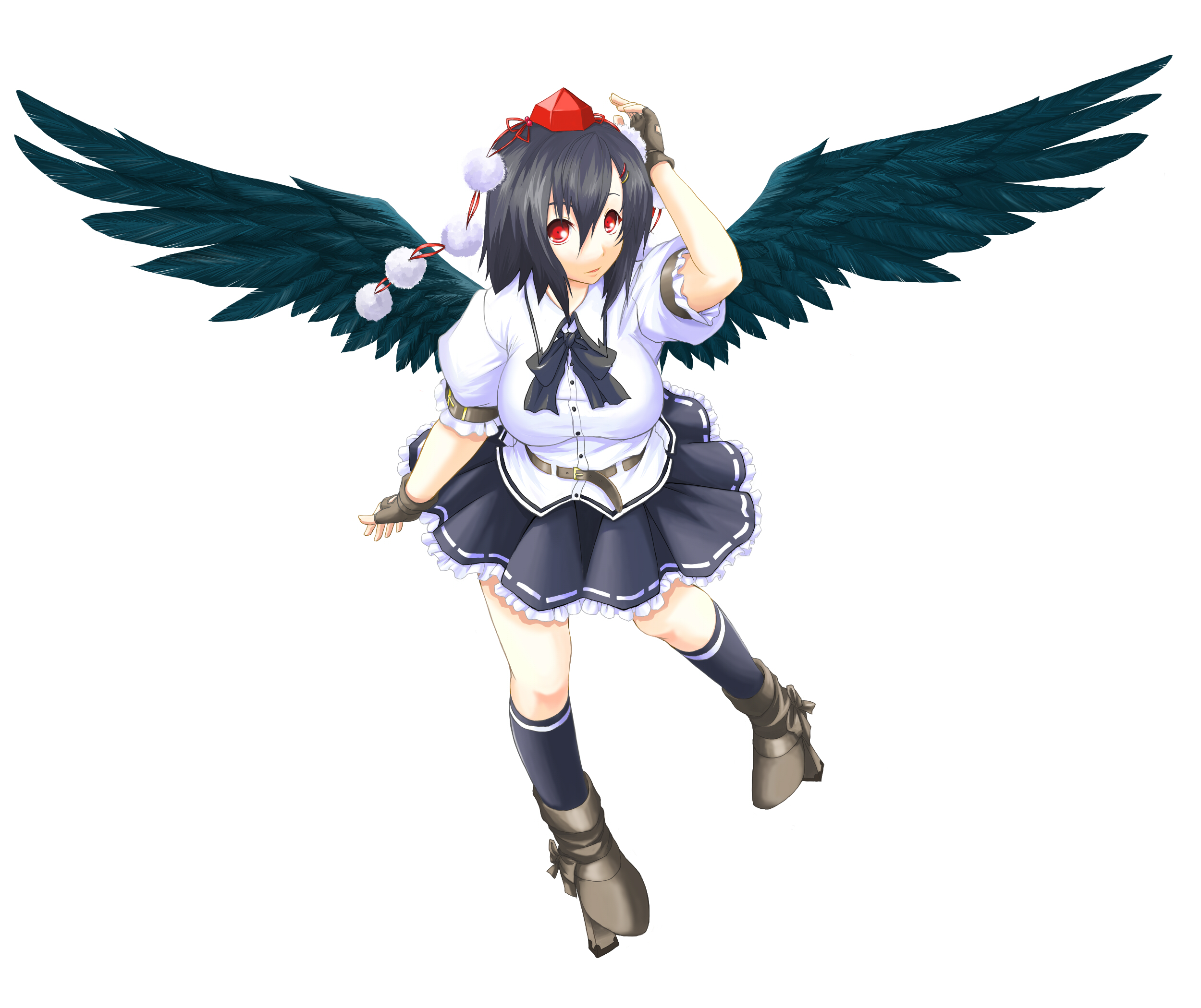 kinsenka, shameimaru aya, touhou, bad id, bad pixiv id, highres, 1girl, black hair, black wings, expressionless, female focus, fingerless gloves, geta, gloves, hat, looking at viewer, red eyes, short hair, solo, tengu-geta, tokin hat, wings