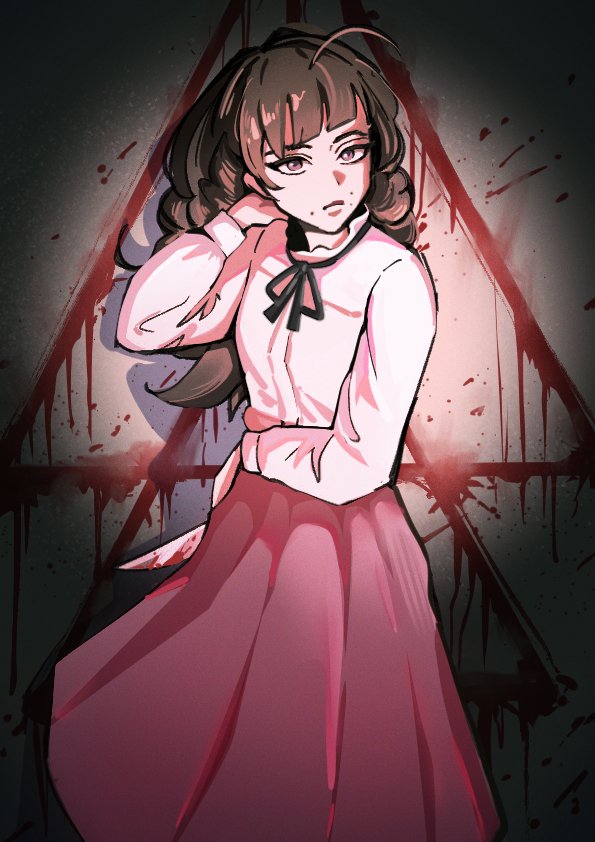 sirteacup, marina (fear & hunger), fear & hunger (series), fear & hunger 2: termina, commentary, english commentary, 1girl, black ribbon, blood, bloody knife, brown eyes, brown hair, closed mouth, face piercing, feet out of frame, holding, holding knife, knife, long hair, long sleeves, looking at viewer, mouth piercing, neck ribbon, piercing, pink skirt, ribbon, shirt, skirt, solo, white shirt