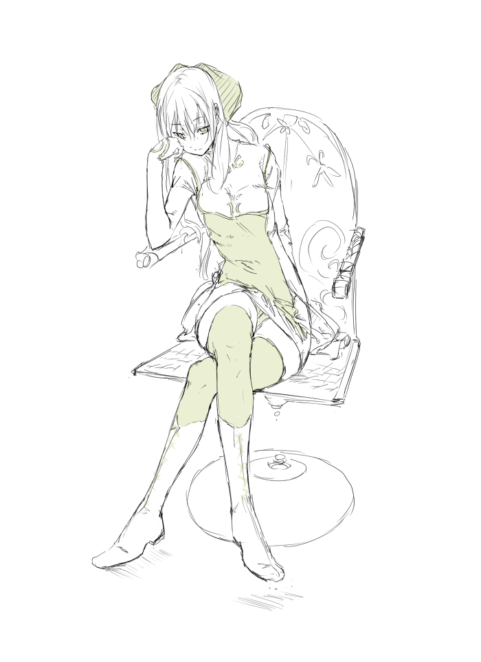 kotoba, kotoba (kotobato), cyrille (shining force exa), sega, shining (series), shining force exa, looking away, 1girl, boots, bored, chair, crossed legs, female focus, head on hand, looking down, sitting, solo, spot color