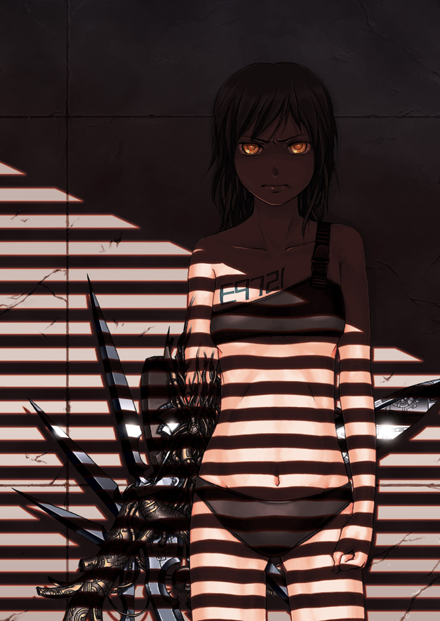 taichi17, watari taichi, original, wall, 1girl, android, bra, brown eyes, clenched hand, female focus, glowing, glowing eyes, lingerie, navel, orange eyes, panties, scowl, shade, short hair, solo, strap slip, sunlight, tattoo, underwear, underwear only, weapon, window blinds, window shadow