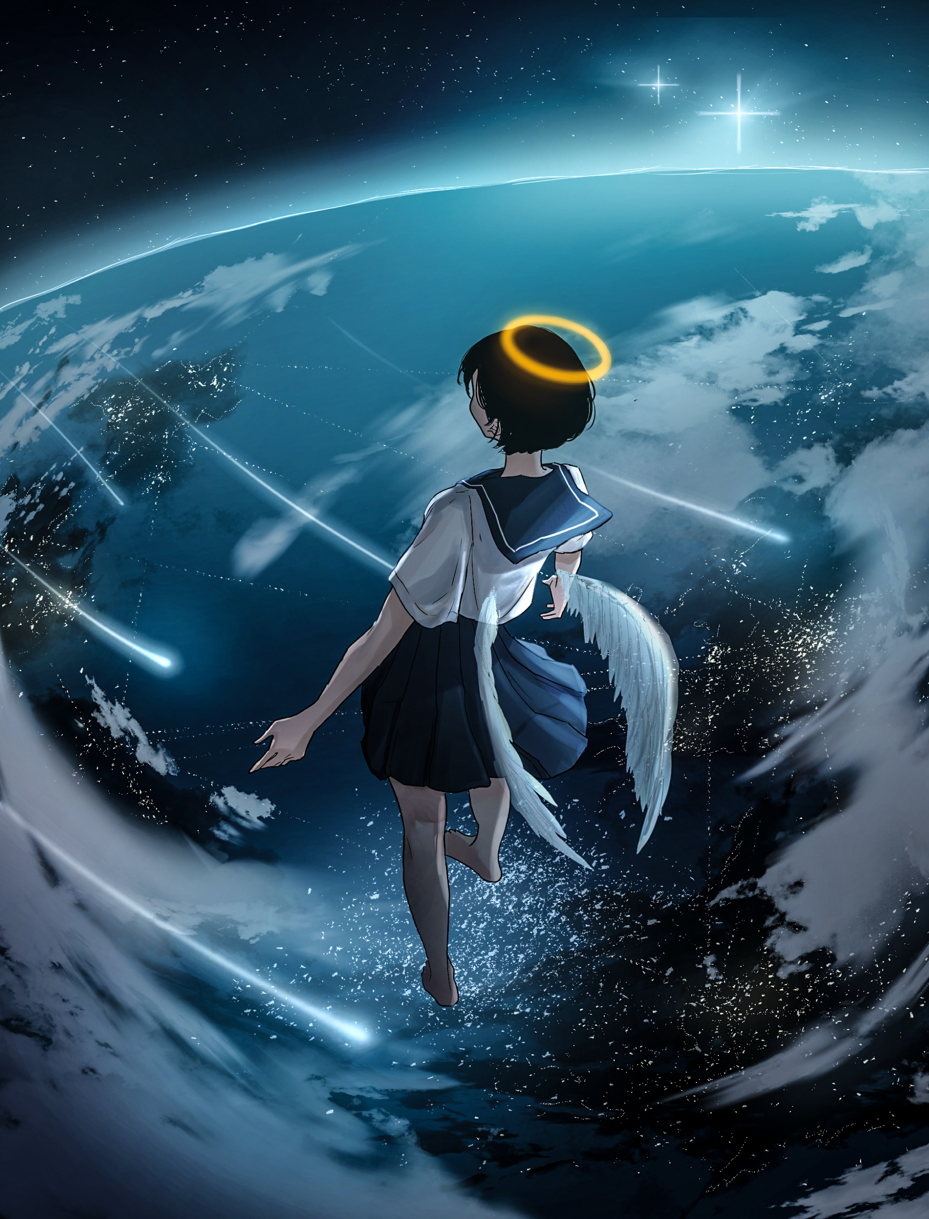 original, absurdres, commentary request, highres, 1girl, angel, angel wings, barefoot, black hair, blue sailor collar, blue skirt, cloud, earth (planet), facing away, from behind, halo, miniskirt, nor ni, planet, sailor collar, sailor shirt, scenery, school uniform, serafuku, shirt, short hair, short sleeves, skirt, solo, traditional halo, white shirt, wings