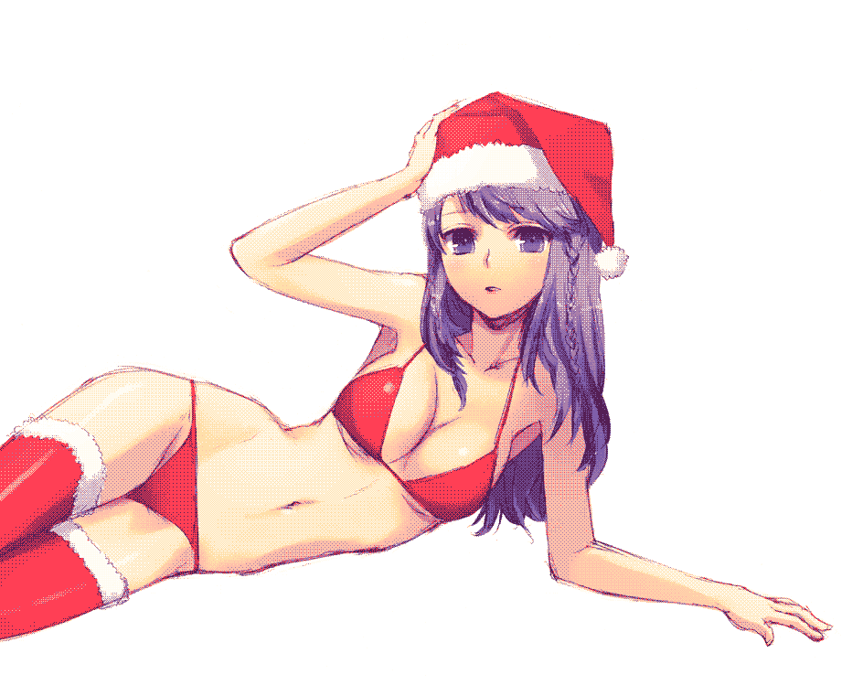 kaya8, original, 1girl, bikini, breasts, christmas, dithering, female focus, hat, purple eyes, purple hair, red bikini, santa bikini, santa costume, santa hat, simple background, solo, swimsuit, thighhighs, white background