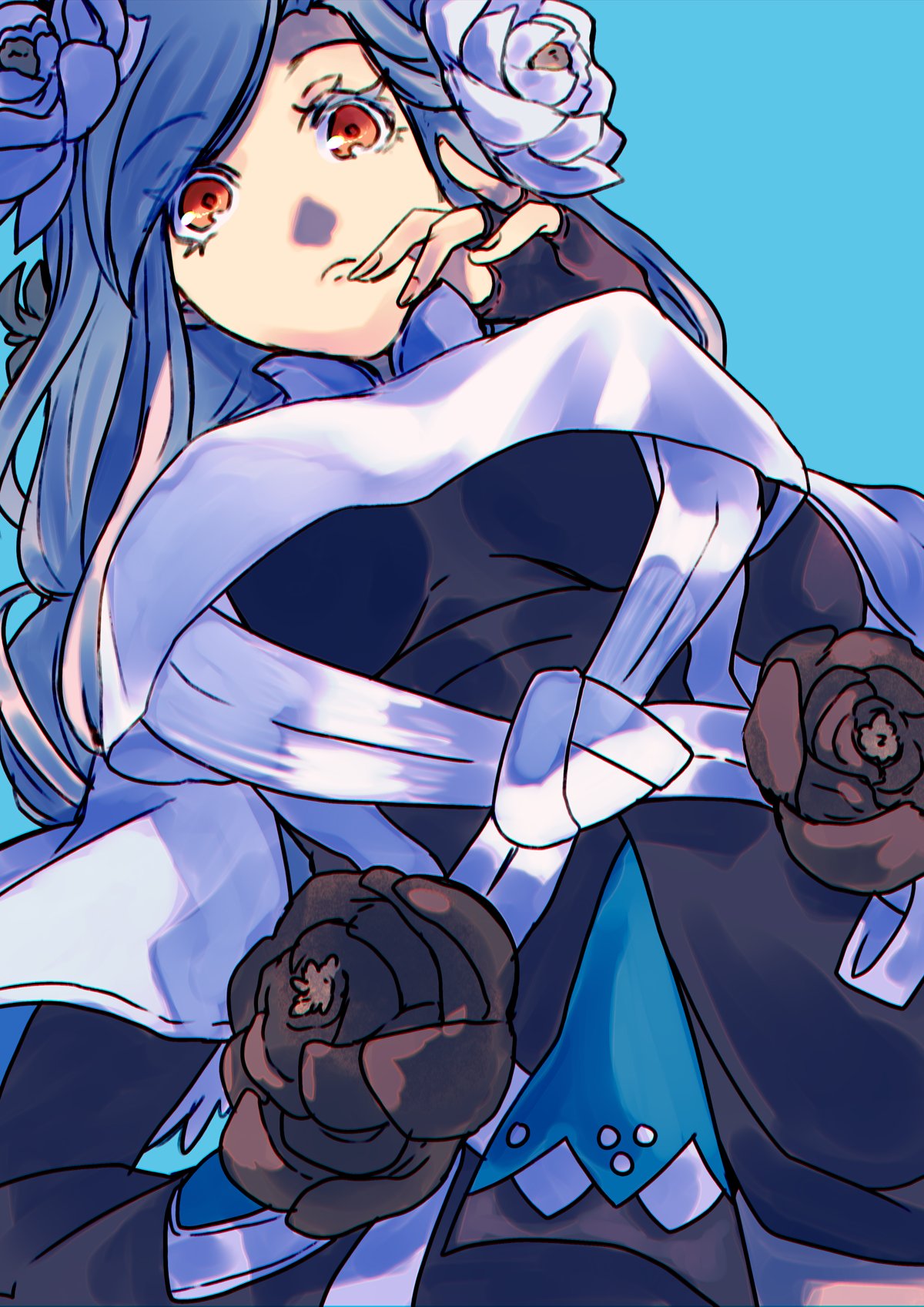 nishimoto, dizzy (guilty gear), queen dizzy, guilty gear, guilty gear strive, commentary request, highres, 1girl, black dress, black gloves, black hair, blue background, braid, braided ponytail, breasts, closed mouth, covered erect nipples, crop top, crop top overhang, cropped shirt, dress, fingerless gloves, flower, from below, gloves, hair flower, hair ornament, large breasts, long hair, mature female, nail polish, pink nails, red eyes, simple background, solo, swept bangs, underboob