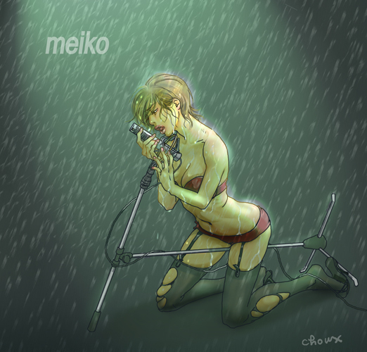 choux (artist), meiko (vocaloid), vocaloid, 1girl, breasts, brown eyes, brown hair, cleavage, female focus, full body, garter belt, kneeling, microphone, microphone stand, midriff, navel, rain, short hair, solo, thighhighs