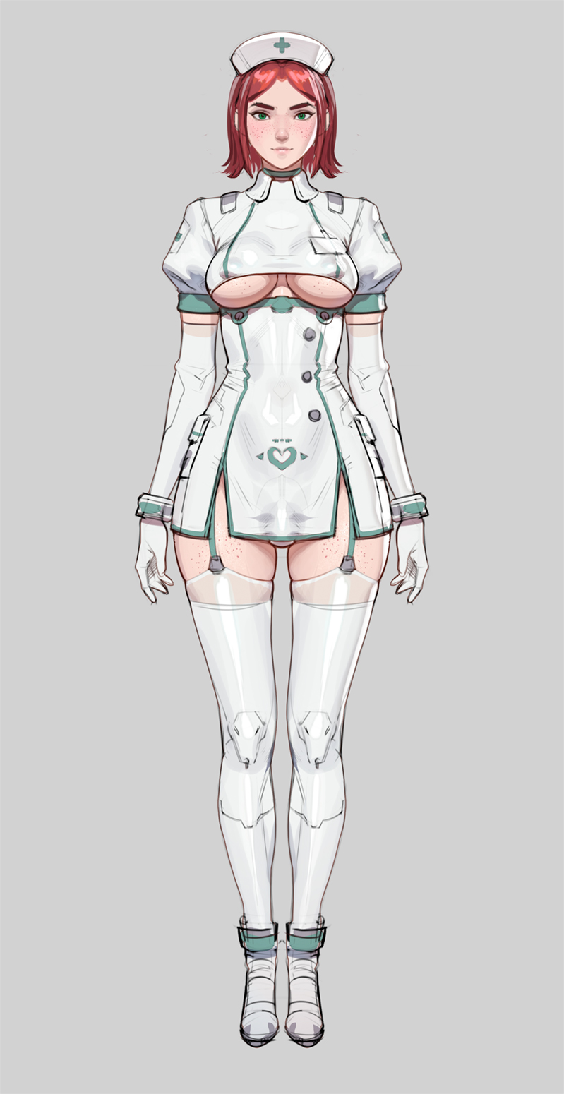 tarakanovich, original, commentary, english commentary, highres, 1girl, arms at sides, body freckles, breasts, bulge, closed mouth, clothing cutout, collared dress, covered erect nipples, cross, dress, elbow gloves, freckles, full body, futanari, garter straps, gloves, green eyes, grey background, hat, heart, looking at viewer, medium breasts, microdress, nurse, nurse cap, parted bangs, puffy short sleeves, puffy sleeves, red hair, shoes, short hair, short sleeves, simple background, solo, standing, straight-on, tachi-e, thighhighs, underboob cutout, white dress, white gloves, white hat, white shoes, white thighhighs