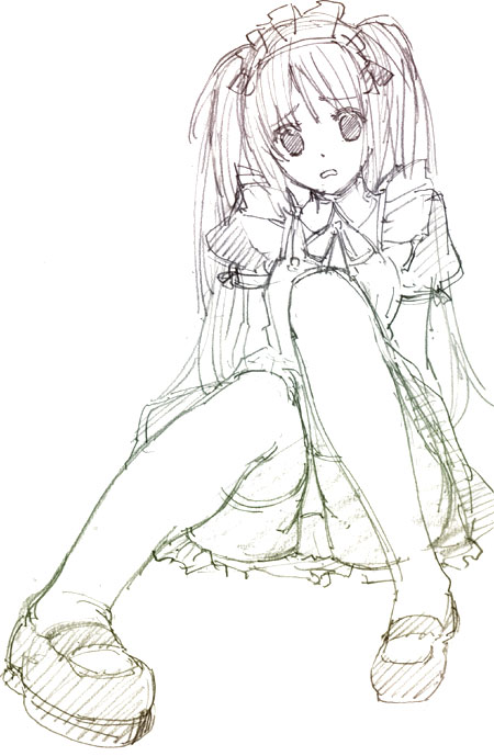 kage yuu, original, greyscale, maid, monochrome, panties, pantyshot, sketch, solo, thighhighs, underwear