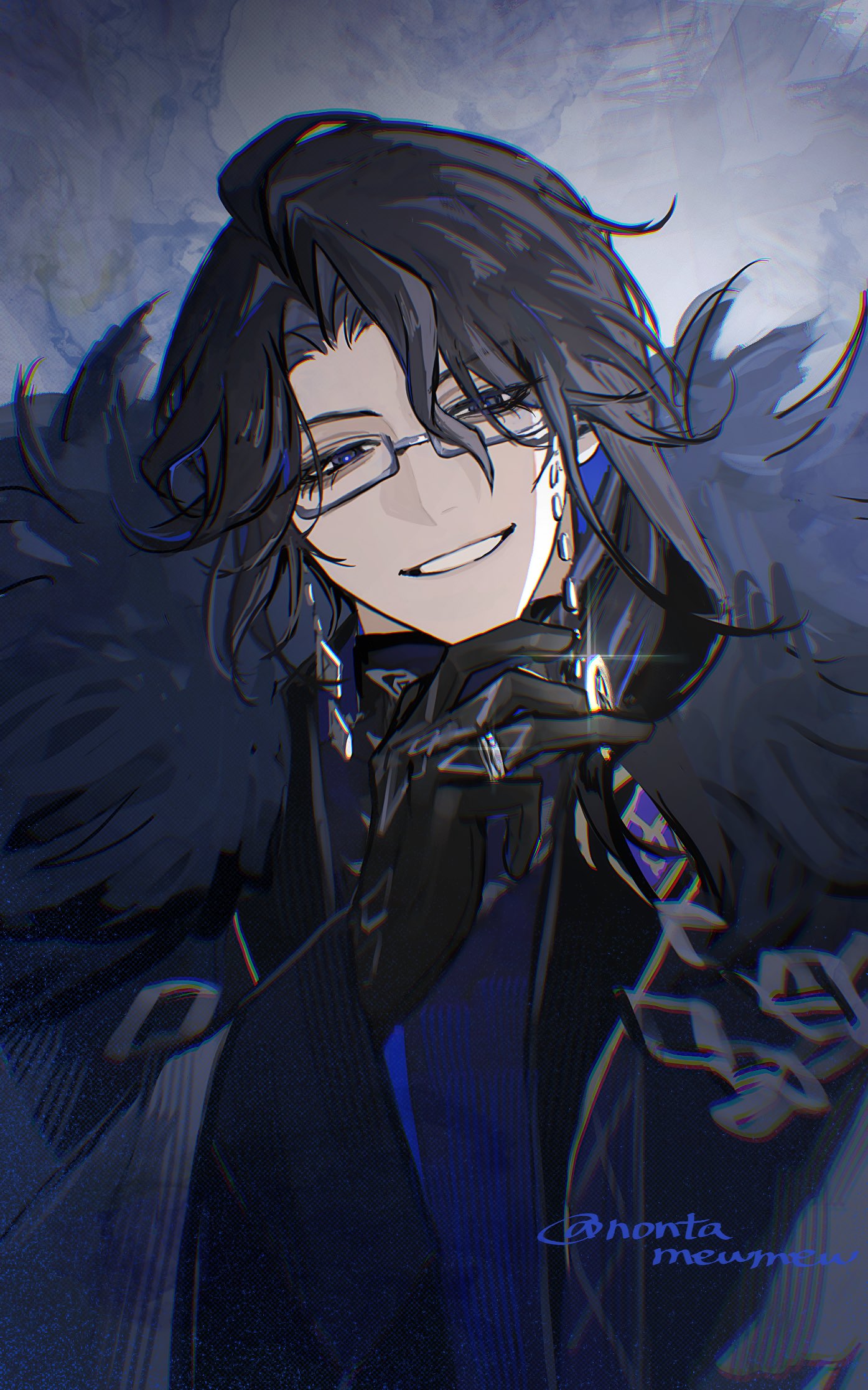 nontamewmew, pantalone (genshin impact), genshin impact, commentary request, highres, 1boy, arm up, black-framed eyewear, black feathers, black gloves, black hair, blue eyes, earrings, feathers, glasses, gloves, grin, jewelry, long sleeves, looking at viewer, male focus, parted hair, piercing, rectangular eyewear, smile, solo, twitter username, upper body