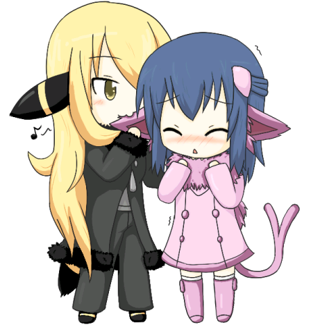 jazu, cynthia (pokemon), dawn (pokemon), espeon, umbreon, nintendo, pokemon, pokemon dppt, biting ear, costume, lowres, 2girls, :<, :3, animal ears, biting, blonde hair, blue hair, blush, boots, cat ears, cat tail, chibi, cosplay, espeon (cosplay), gen 2 pokemon, long hair, multiple girls, musical note, pink boots, tail, trembling, umbreon (cosplay), uncommon stimulation, very long hair, yuri