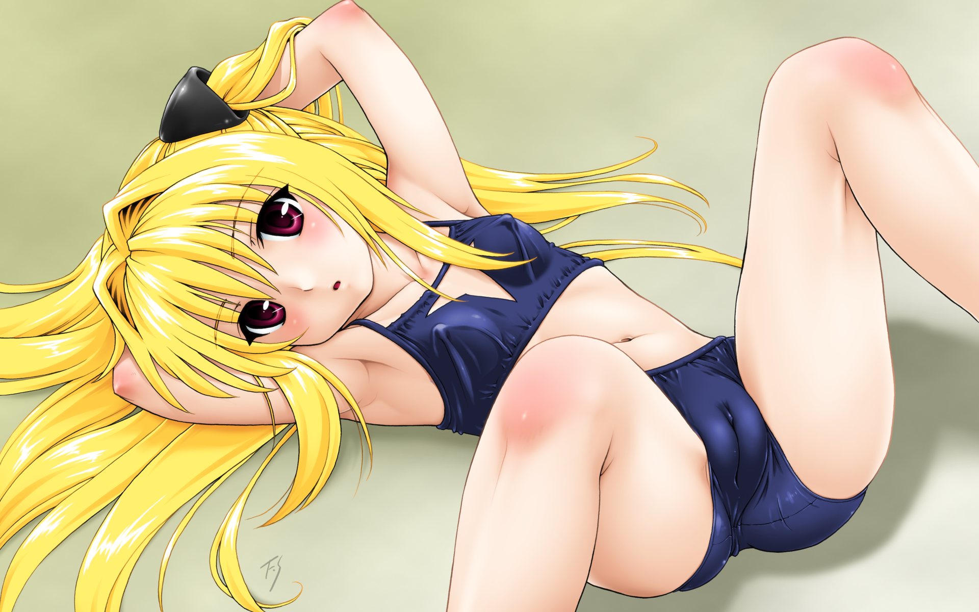 fuji shinobu, konjiki no yami, to love-ru, highres, 00s, 1girl, armpits, blonde hair, breasts, cameltoe, collarbone, covered erect nipples, female focus, hair intakes, hair ornament, long hair, looking at viewer, lying, on back, open mouth, purple eyes, simple background, small breasts, solo, swimsuit, very long hair