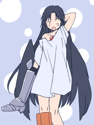 rangycrow, reiuji utsuho, touhou, commentary request, lowres, 1girl, arm behind head, arm cannon, arm up, armored boots, black hair, black wings, blue background, blush, boots, collarbone, control rod (touhou), grey shirt, knees, long hair, one eye closed, open mouth, shirt, single off shoulder, solo, third eye on chest, weapon, wings, | |