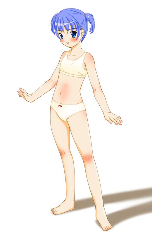 char (studio mint), original, 1girl, barefoot, blue eyes, blue hair, blush, body blush, bow, bow panties, bra, female focus, flat chest, full body, lingerie, matching hair/eyes, navel, panties, shadow, short hair, short twintails, solo, sports bra, standing, training bra, twintails, underwear, underwear only