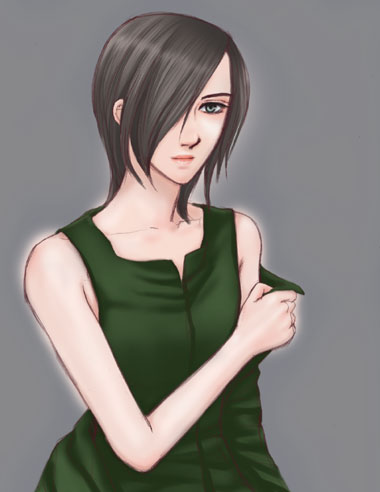 kurosu jun, atlus, persona, persona 2, gender request, lowres, non-web source, 1girl, black hair, female focus, genderswap, gradient background, green eyes, hair over one eye, junko, lips, short hair, solo, tank top, undressing