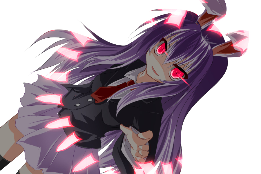 nemokochi, tetsu tissue, reisen udongein inaba, touhou, bad id, bad pixiv id, 1girl, animal ears, blazer, female focus, glowing, glowing eyes, jacket, long hair, necktie, purple hair, rabbit ears, red eyes, red necktie, skirt, solo, thighhighs, white background