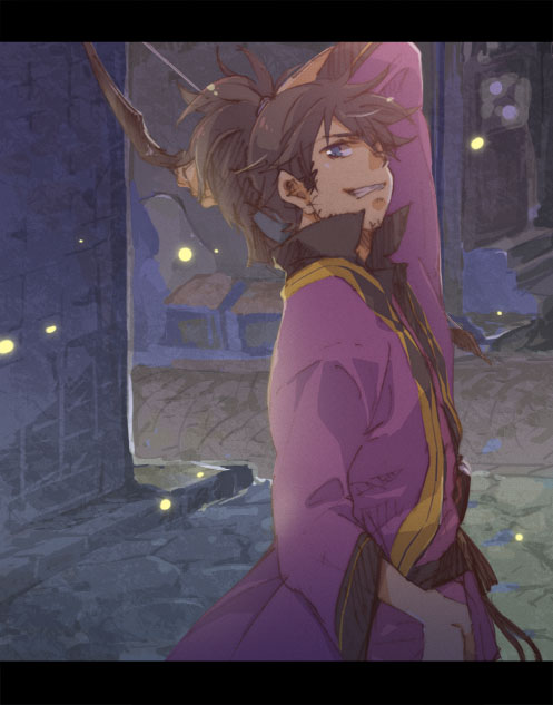 yamamoto (ranran), raven (tales), tales of (series), tales of vesperia, 00s, 1boy, black hair, bow (weapon), green eyes, grin, letterboxed, male focus, ponytail, smile, solo, weapon