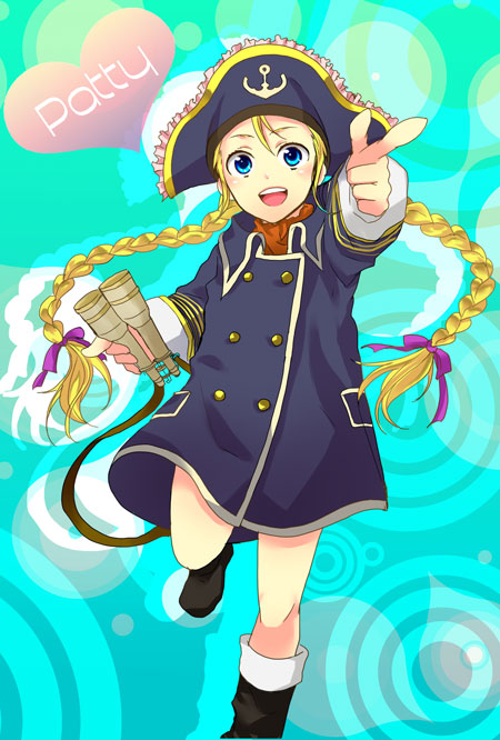 morino mizu, patty fleur, tales of (series), tales of vesperia, bad id, bad pixiv id, 00s, 1girl, aqua background, binoculars, blonde hair, blue eyes, boots, braid, character name, hat, knee boots, long hair, smile, twin braids