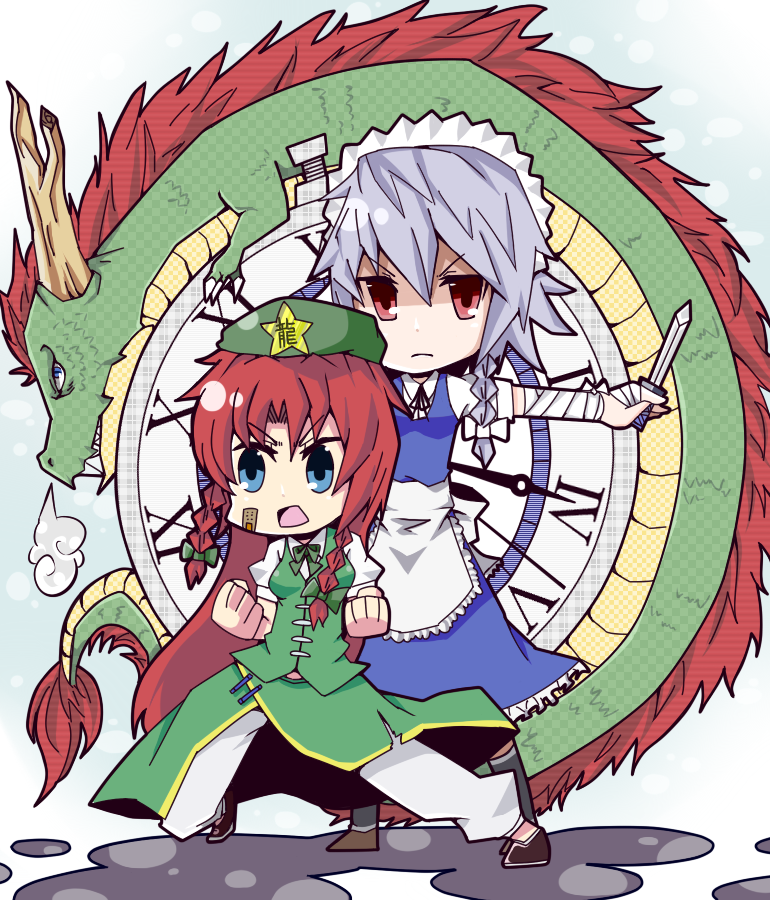 iko (kingreia), hong meiling, izayoi sakuya, immaterial and missing power, touhou, silver hair, bad id, bad pixiv id, 2girls, bandaid, blue eyes, braid, china dress, chinese clothes, dragon, dress, eastern dragon, female focus, hat, long hair, maid, multiple girls, pocket watch, red eyes, red hair, short hair, twin braids, watch