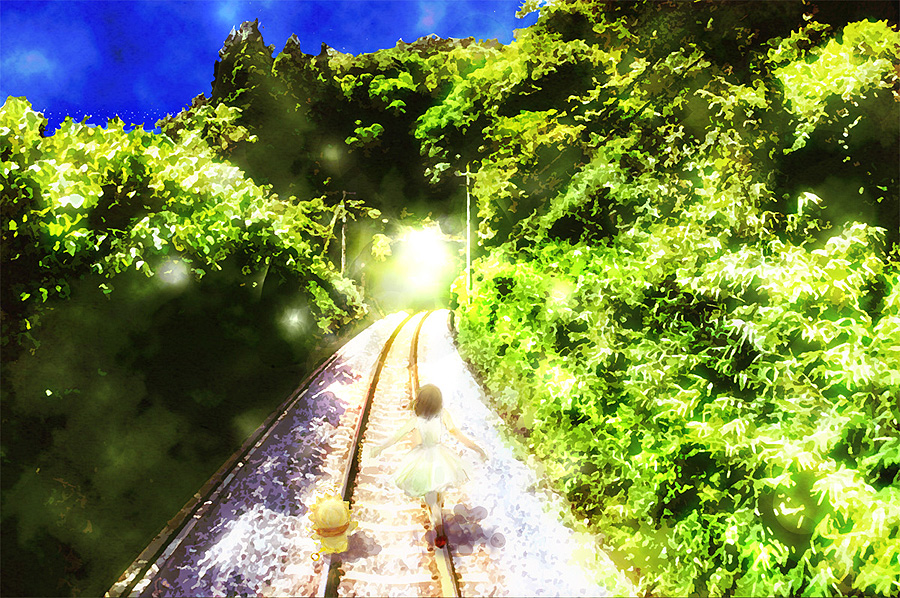 tena (teze), sakutarou (umineko), ushiromiya maria, umineko no naku koro ni, light, bad id, bad pixiv id, 00s, 1girl, balancing, child, dress, female focus, forest, nature, railroad tracks, scenery, shade, solo, sunlight
