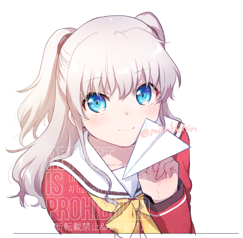 misaki juri, tomori nao, charlotte (anime), commentary request, 1girl, blue eyes, blush, bow, bowtie, closed mouth, cropped torso, grey hair, hair between eyes, hand up, holding, holding paper airplane, long hair, long sleeves, looking at viewer, paper airplane, red shirt, sailor collar, school uniform, serafuku, shirt, simple background, smile, solo, twitter username, two side up, upper body, upturned eyes, watermark, white background, white sailor collar, yellow bow, yellow bowtie