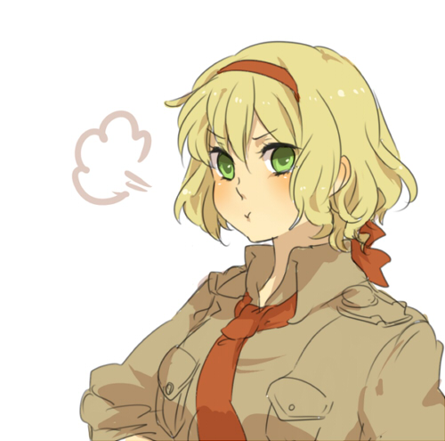 tomo (sjim), belgium (hetalia), tomo, axis powers hetalia, bad id, bad pixiv id, lowres, 00s, 1girl, :t, blonde hair, crossed arms, female focus, green eyes, hair ribbon, military, military uniform, necktie, pout, ribbon, short hair, sleeves rolled up, solo