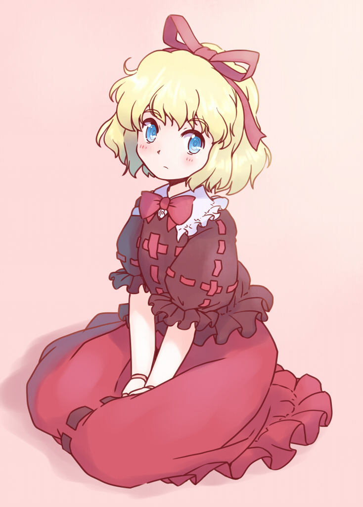 rangycrow, medicine melancholy, touhou, commentary request, 1girl, between legs, blonde hair, blue eyes, blush, bow, bowtie, doll joints, frilled shirt collar, frills, full body, hair ribbon, hand between legs, joints, light frown, one-hour drawing challenge, orange background, red bow, red bowtie, red ribbon, red shirt, red skirt, ribbon, seiza, shirt, short hair, sideways glance, sitting, skirt, solo, white shirt