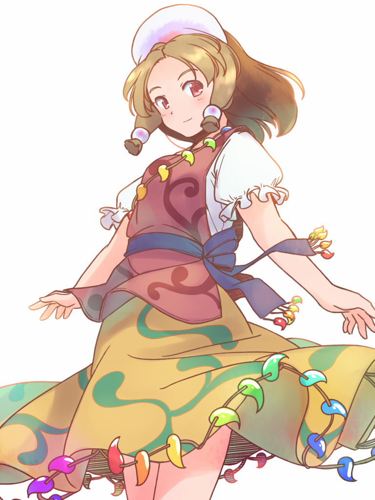 rangycrow, tamatsukuri misumaru, touhou, commentary request, 1girl, beads, blue sash, blush, brown hair, feet out of frame, from below, hair beads, hair ornament, headpiece, light smile, looking at viewer, magatama, puffy short sleeves, puffy sleeves, red eyes, red tabard, sash, shirt, short sleeves, sideways glance, skirt, solo, tabard, white shirt, yellow background, yellow skirt