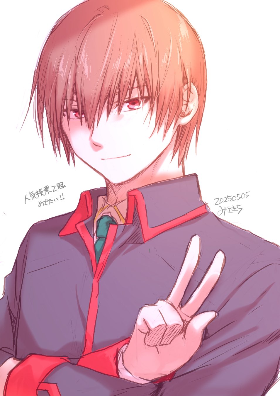 misaki juri, natsume kyousuke, little busters!, commentary request, highres, 1boy, black jacket, blue necktie, brown hair, closed mouth, crossed arms, dated, hair between eyes, jacket, little busters! school uniform, long sleeves, looking at viewer, male focus, necktie, red eyes, school uniform, short hair, signature, simple background, sketch, smile, solo, straight hair, tsurime, upper body, v, v-shaped eyebrows, white background