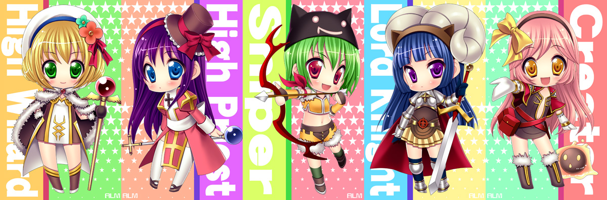 minatsuki alumi, creator (ragnarok online), high priest (ragnarok online), high wizard (ragnarok online), lord knight (ragnarok online), sniper (ragnarok online), ragnarok online, fur, bad id, bad pixiv id, 5girls, armor, armored dress, blonde hair, blue eyes, blue hair, blush, bow (weapon), chibi, deviruchi hat, dress, green eyes, green hair, hat, long hair, midriff, mini hat, mini top hat, multiple girls, pink hair, purple eyes, purple hair, red eyes, short hair, sword, top hat, wand, weapon, yellow eyes