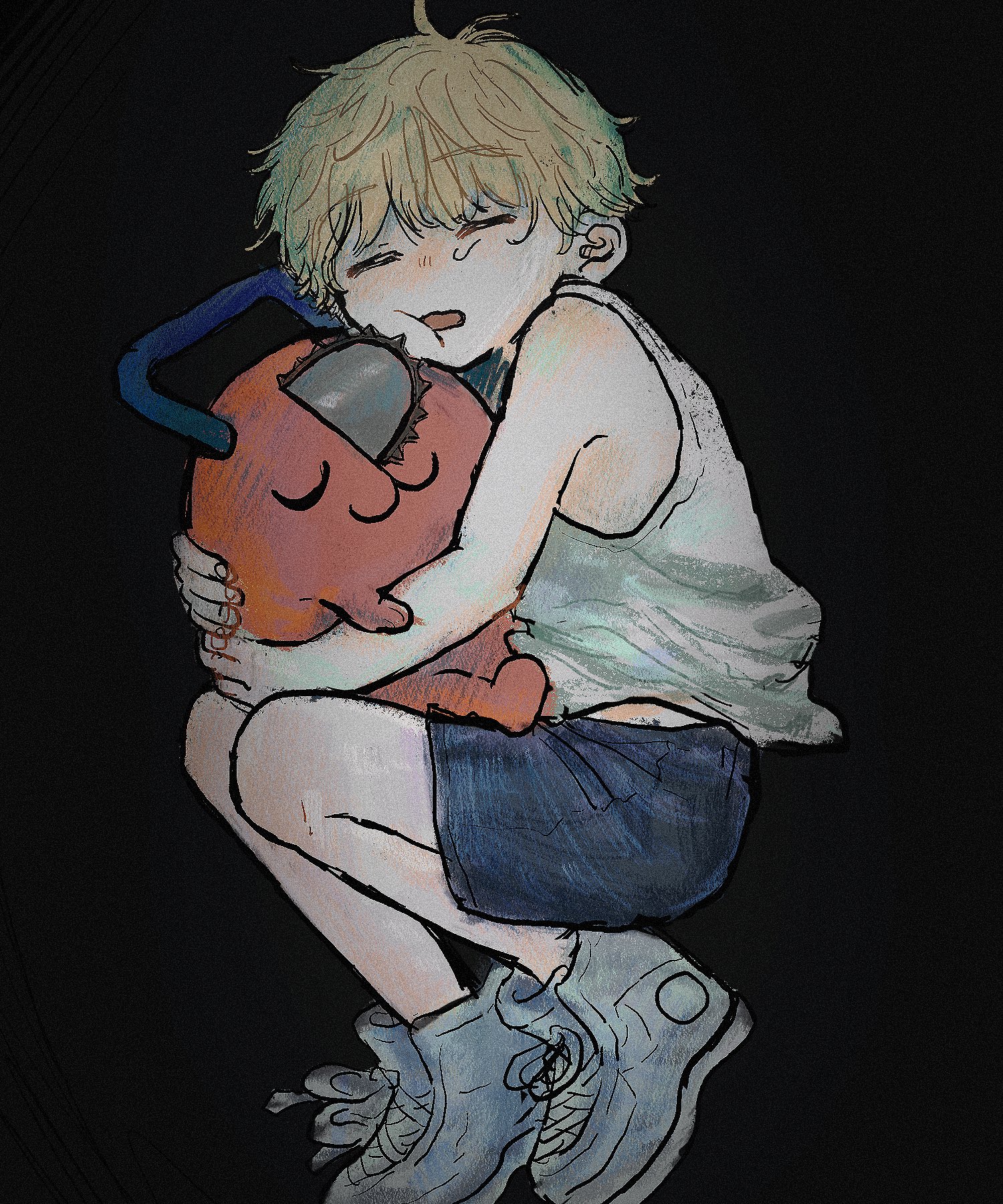 onza (on onza), denji (chainsaw man), pochita (chainsaw man), chainsaw man, commentary request, highres, 1boy, :3, black background, black shorts, blonde hair, closed eyes, closed mouth, holding, male focus, open mouth, shoes, short hair, shorts, simple background, sneakers, tank top, white shoes, white tank top